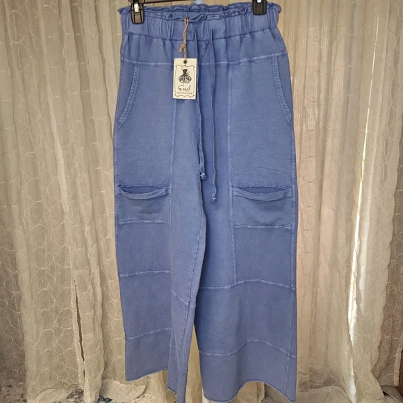 Easel Los Angeles Blue 100% Cotton Terry Knit Wide Leg Cargo Pants Boutique - Picture 4 of 9